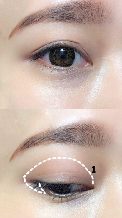裸妝感眼妝教學:1.先使用1號色在畫滿整個上眼皮及眼尾倒三角處。