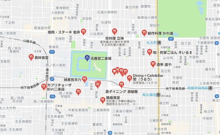 二條城周邊的用餐地點區域圖